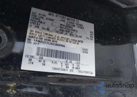 2004 Ford Expedition Eddie Bauer z USA, uszkodzony, nr VIN 1FMFU17LX4LB89986